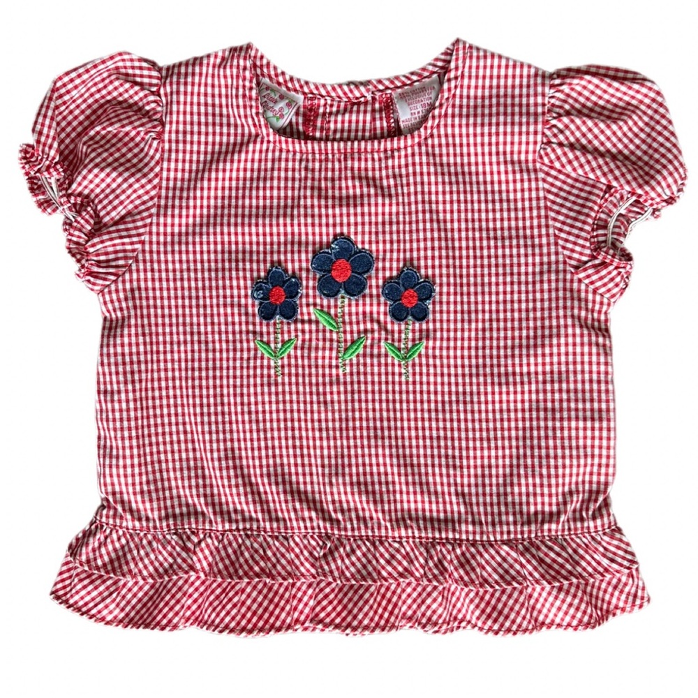 Vintage Little Lindsey Red Gingham Kids Top with Floral Embroidery Size 18M